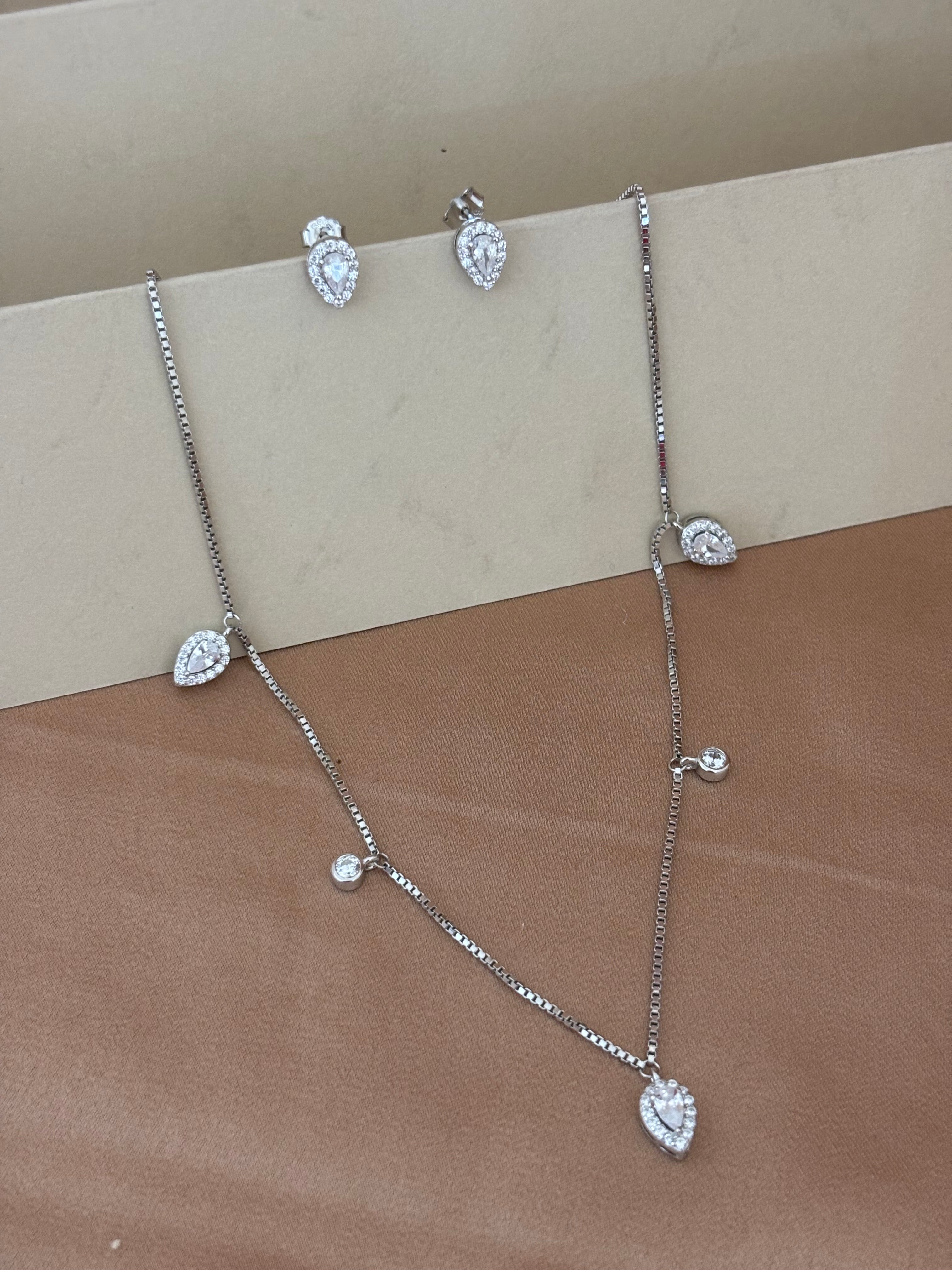 Pear-Cut Halo Droplet Station Necklace Set