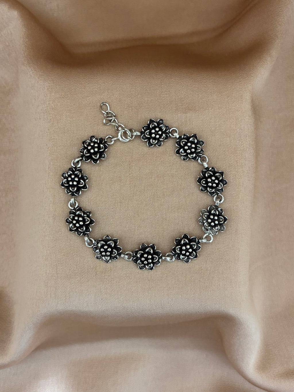 Intricate Oxidized Silver Floral Bracelet