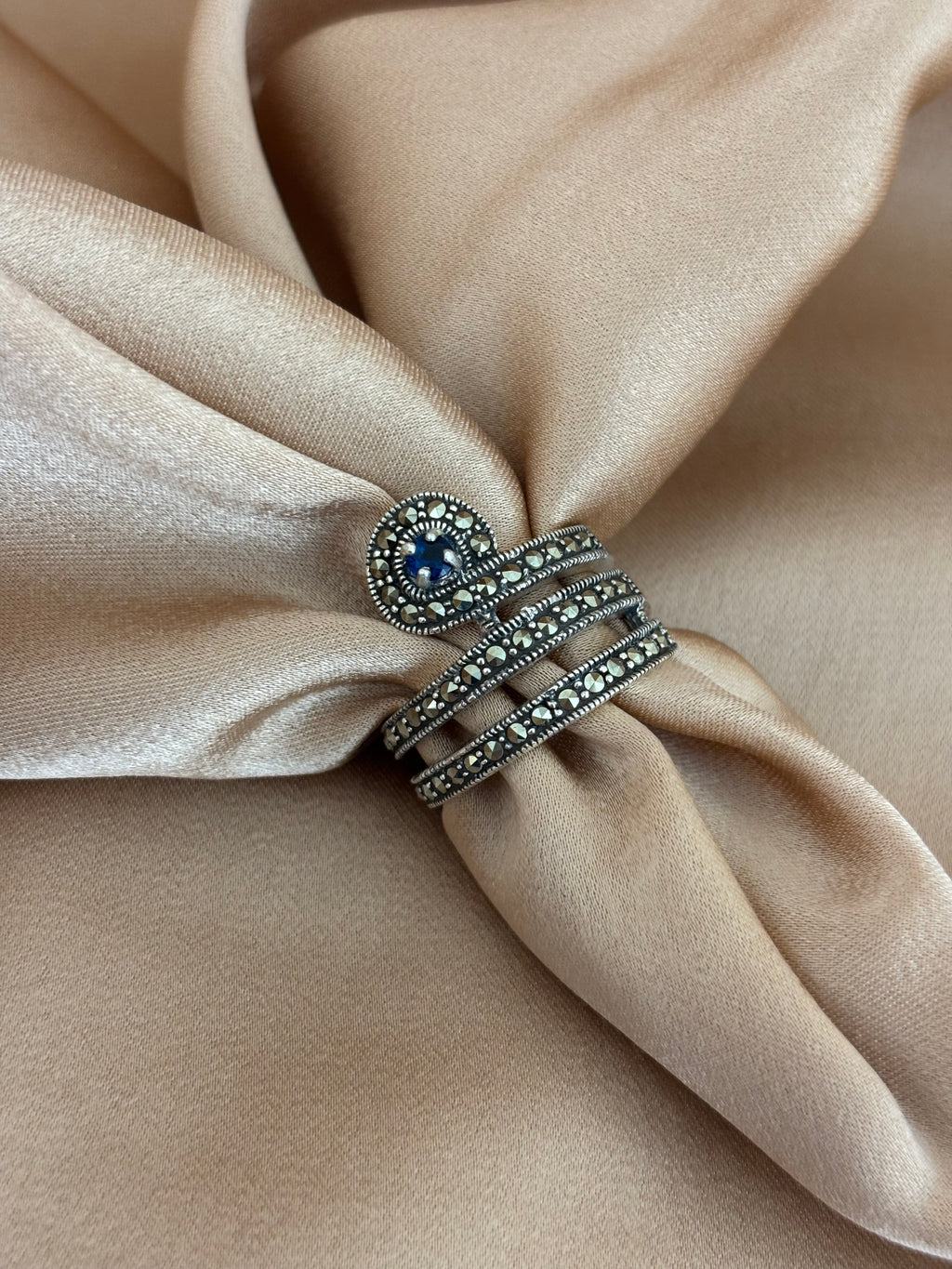 Sapphire Blue Marcasite Wrap Ring