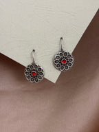 Oxidized Floral Drop with Red Stone