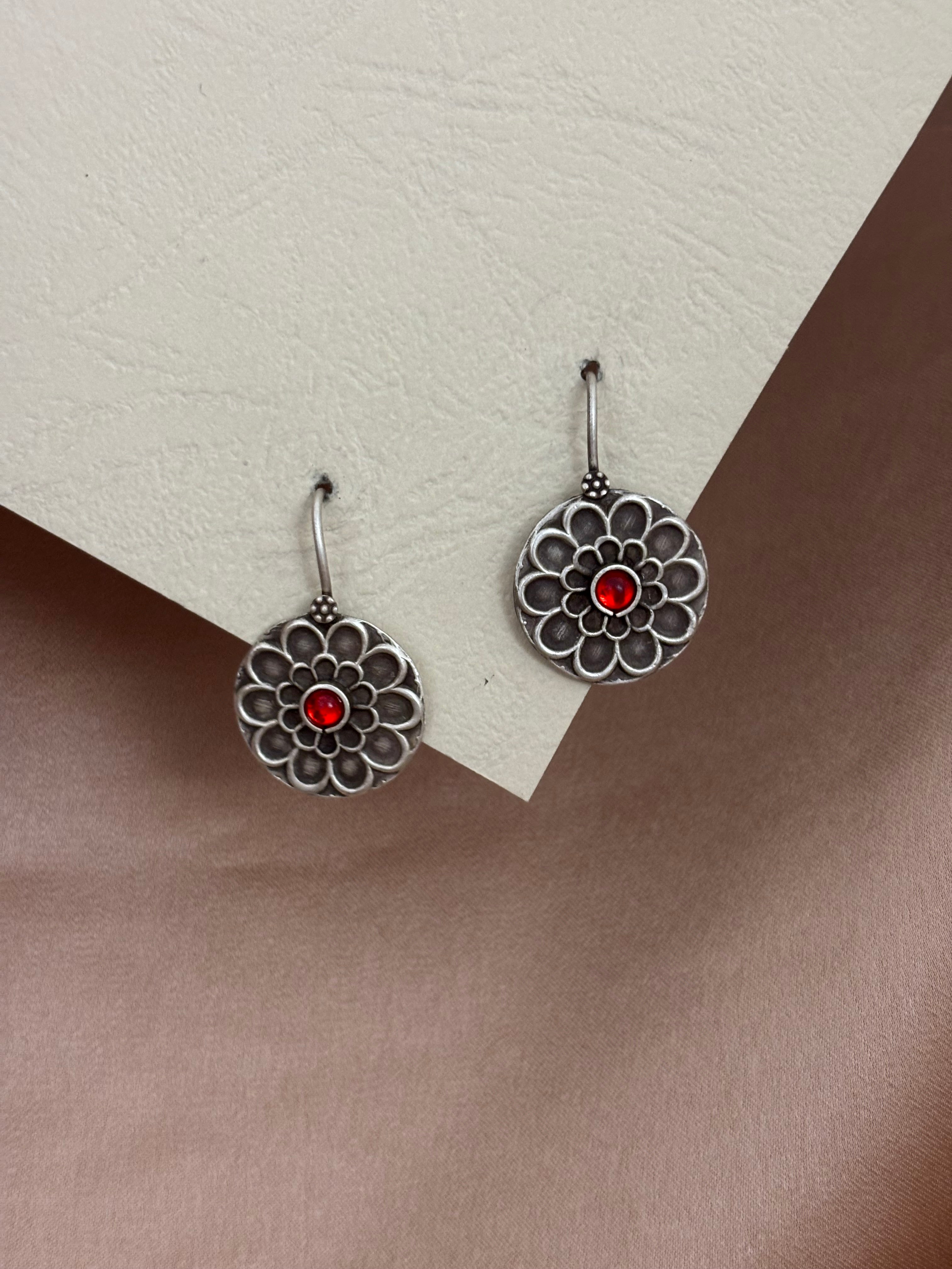 Oxidized Floral Drop with Red Stone