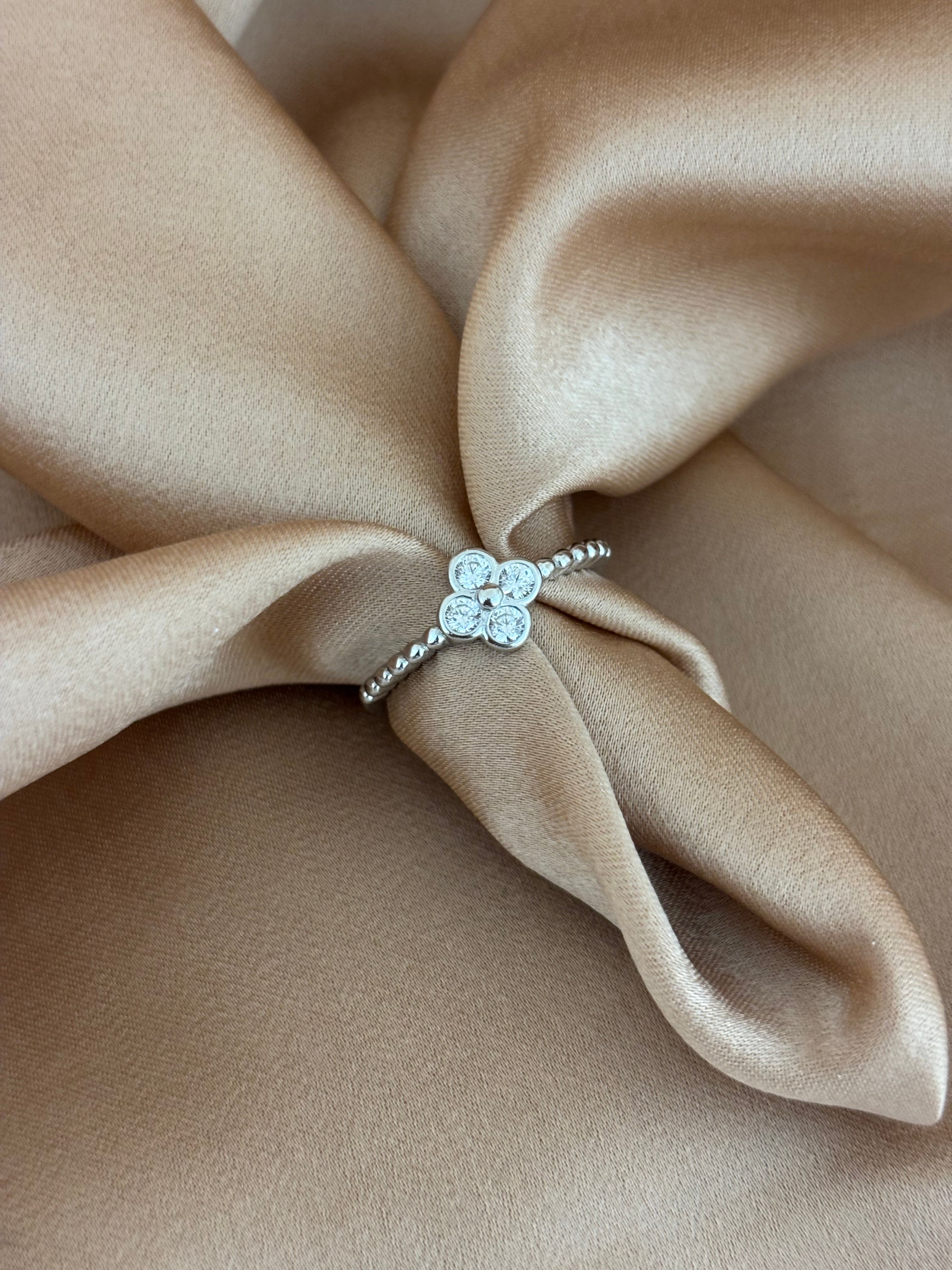 Dainty Silver Clover Beaded Ring