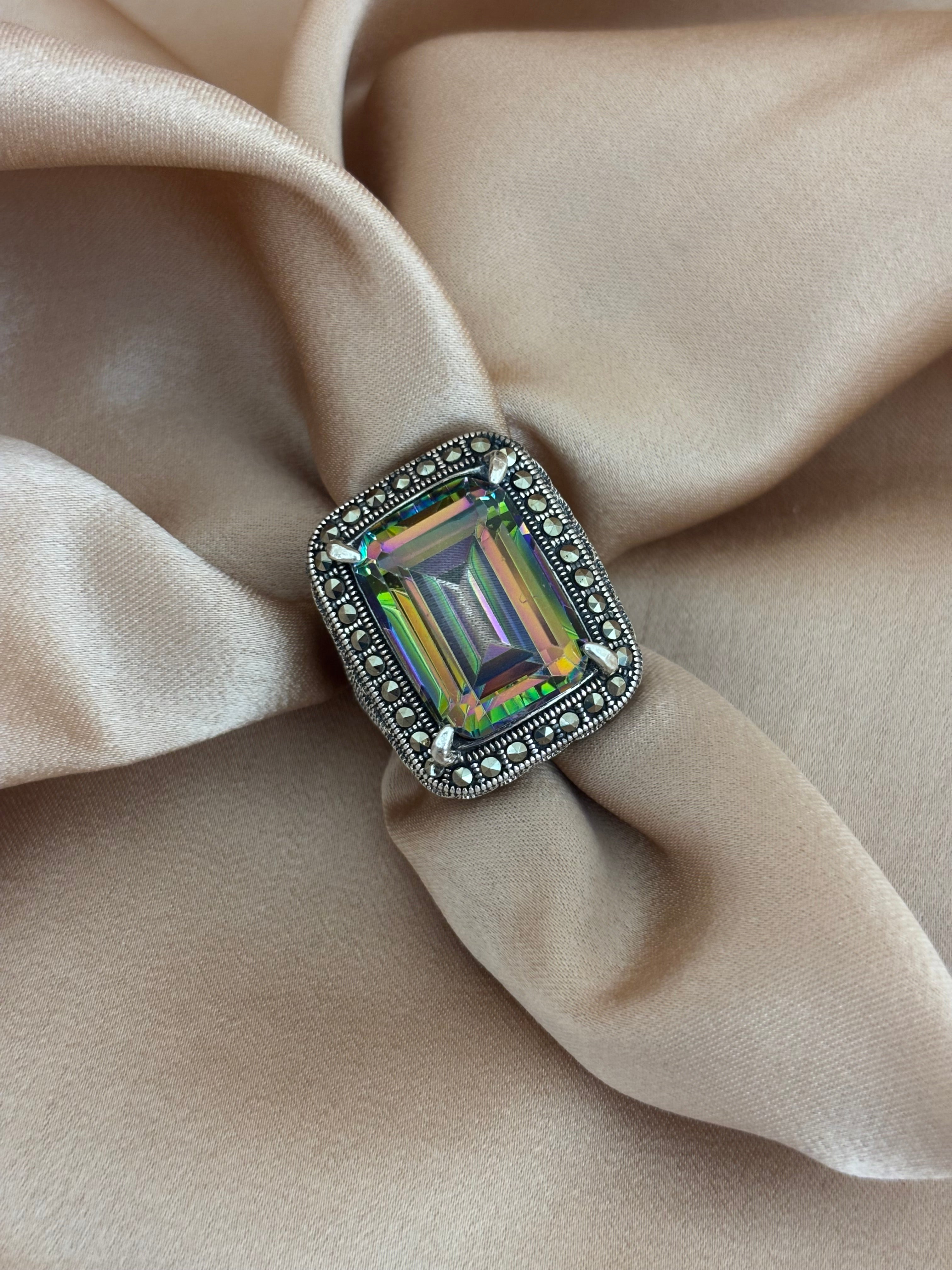 Emerald-Cut Mystic Topaz & Marcasite Halo Silver Ring