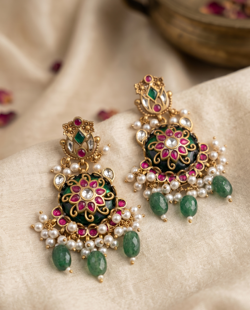 Enamelled Floral Medallion Earrings