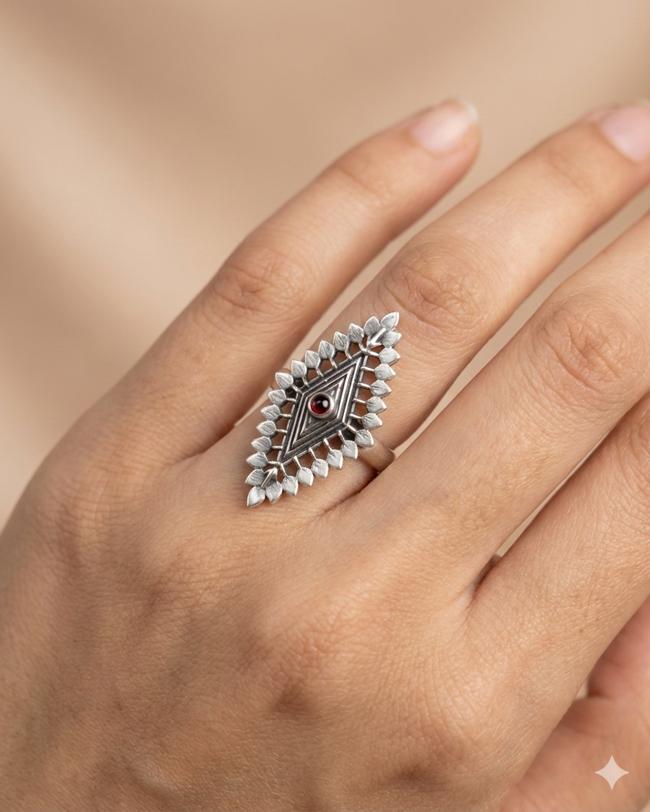 Tribal Marquise Oxidized Silver Ring