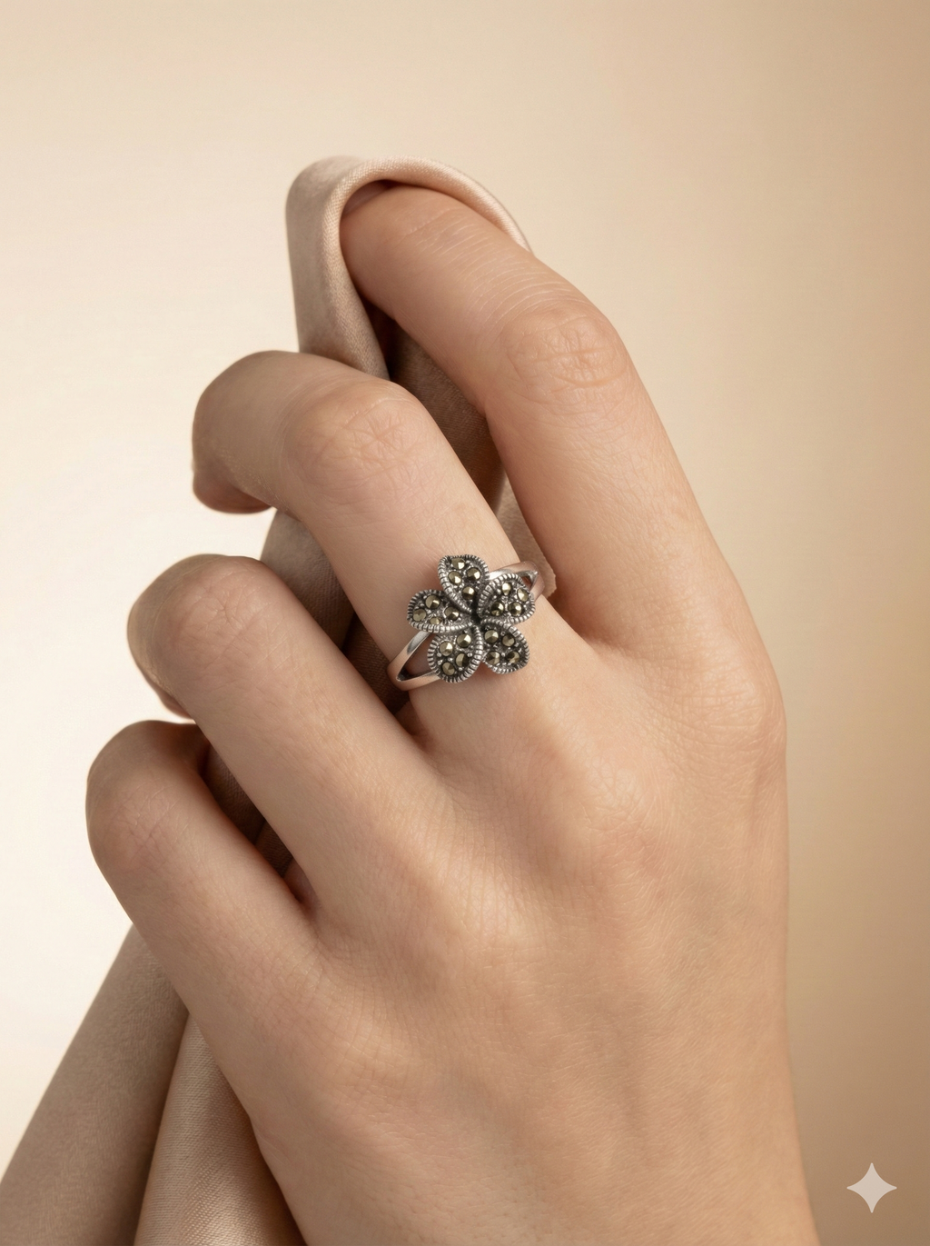 Marcasite Petal Flower Ring in Sterling Silver