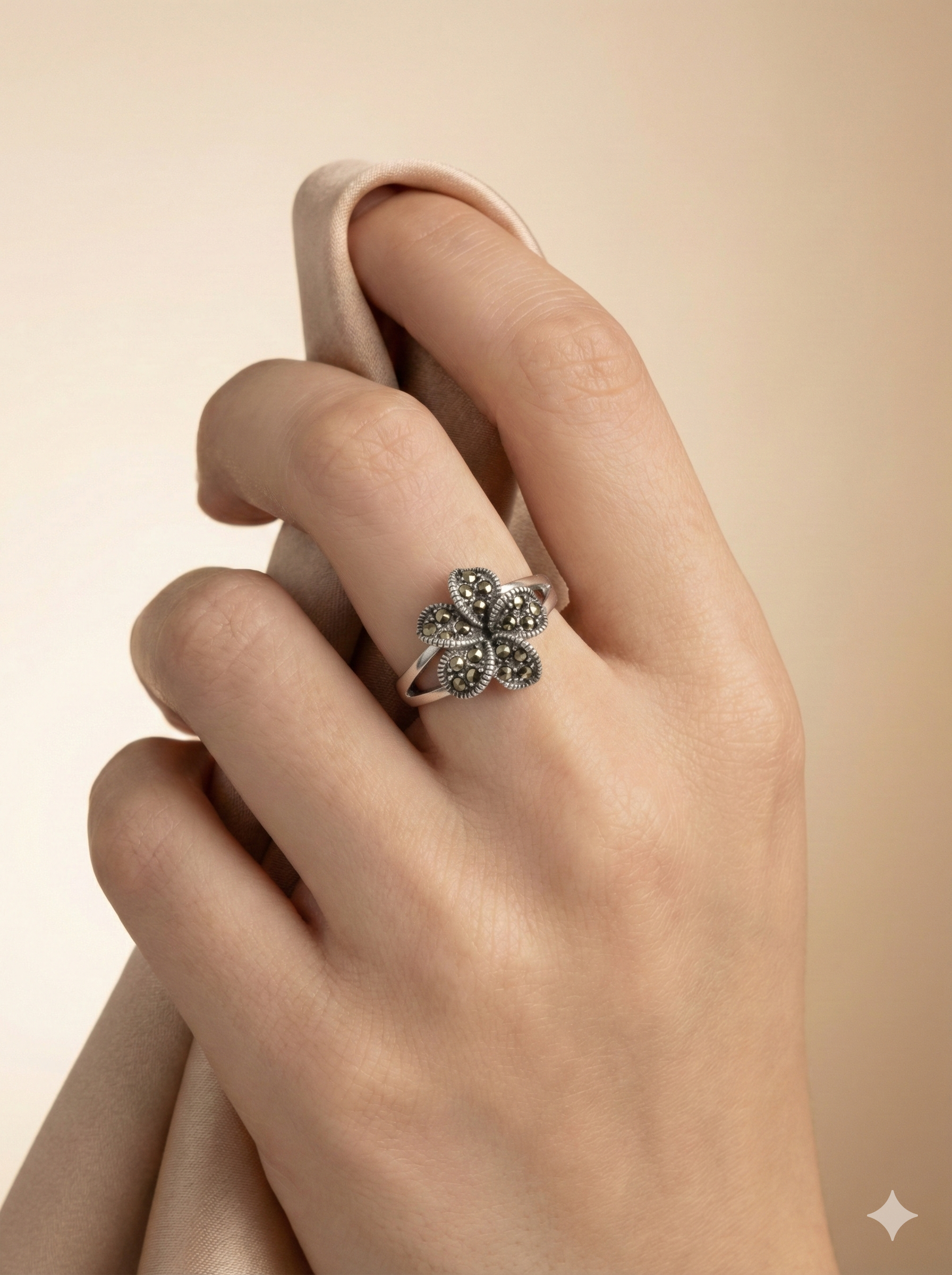 Marcasite Petal Flower Ring in Sterling Silver