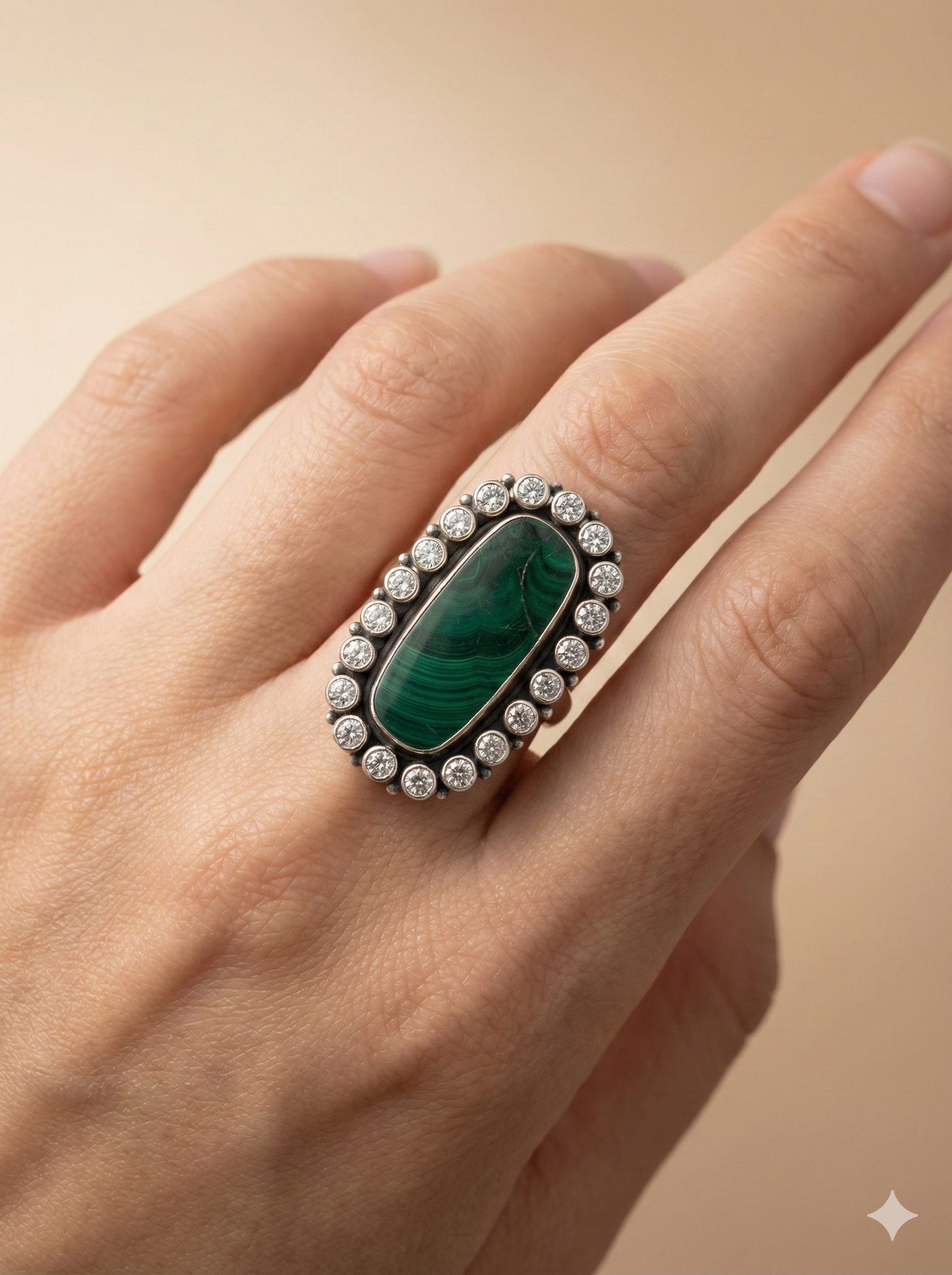 Oval Malachite Halo Statement Ring