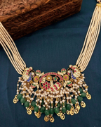 Regal Mayur Heritage Silver Guttapusalu Necklace with Emerald Drops