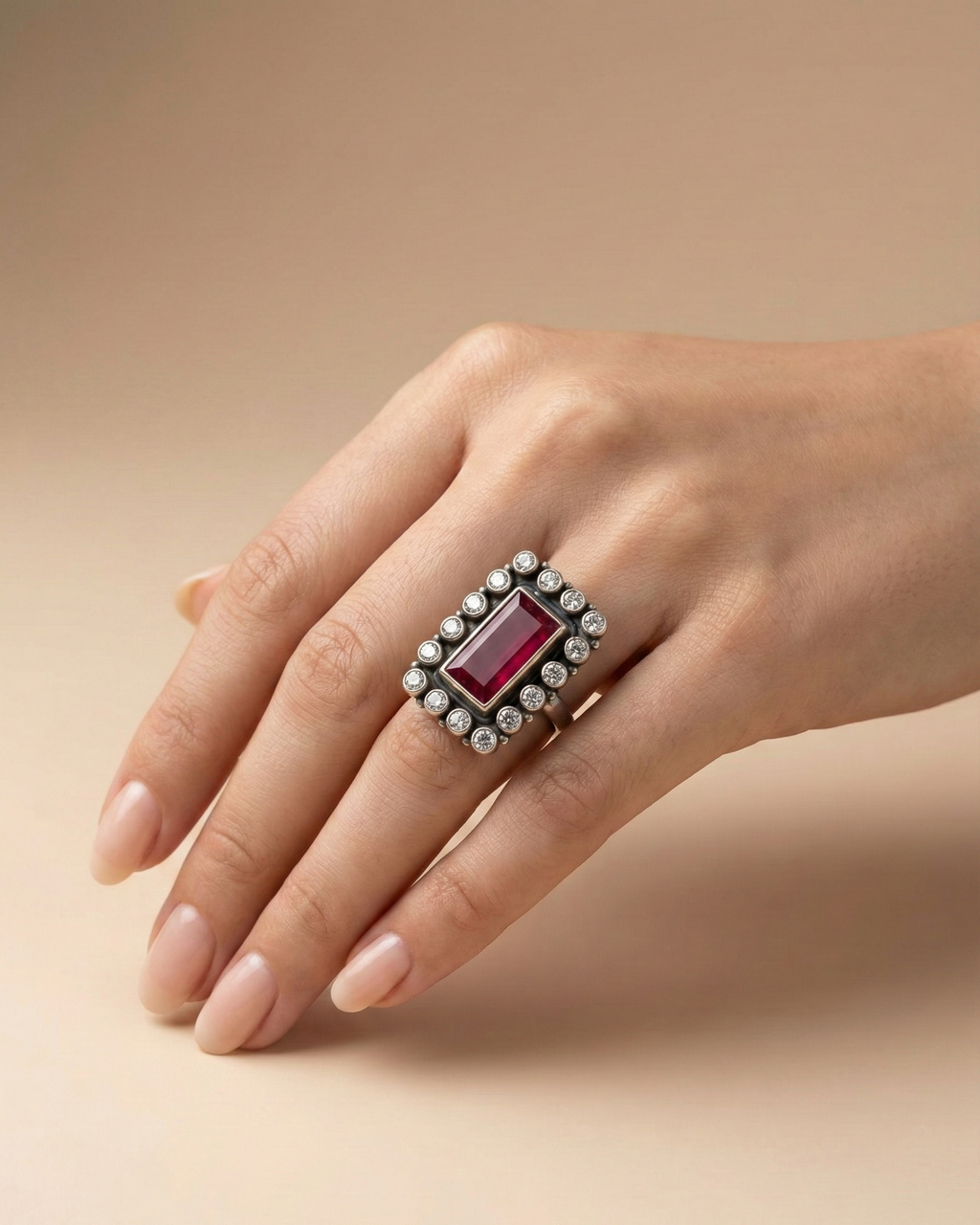 Rectangle Ruby Glass Halo Ring