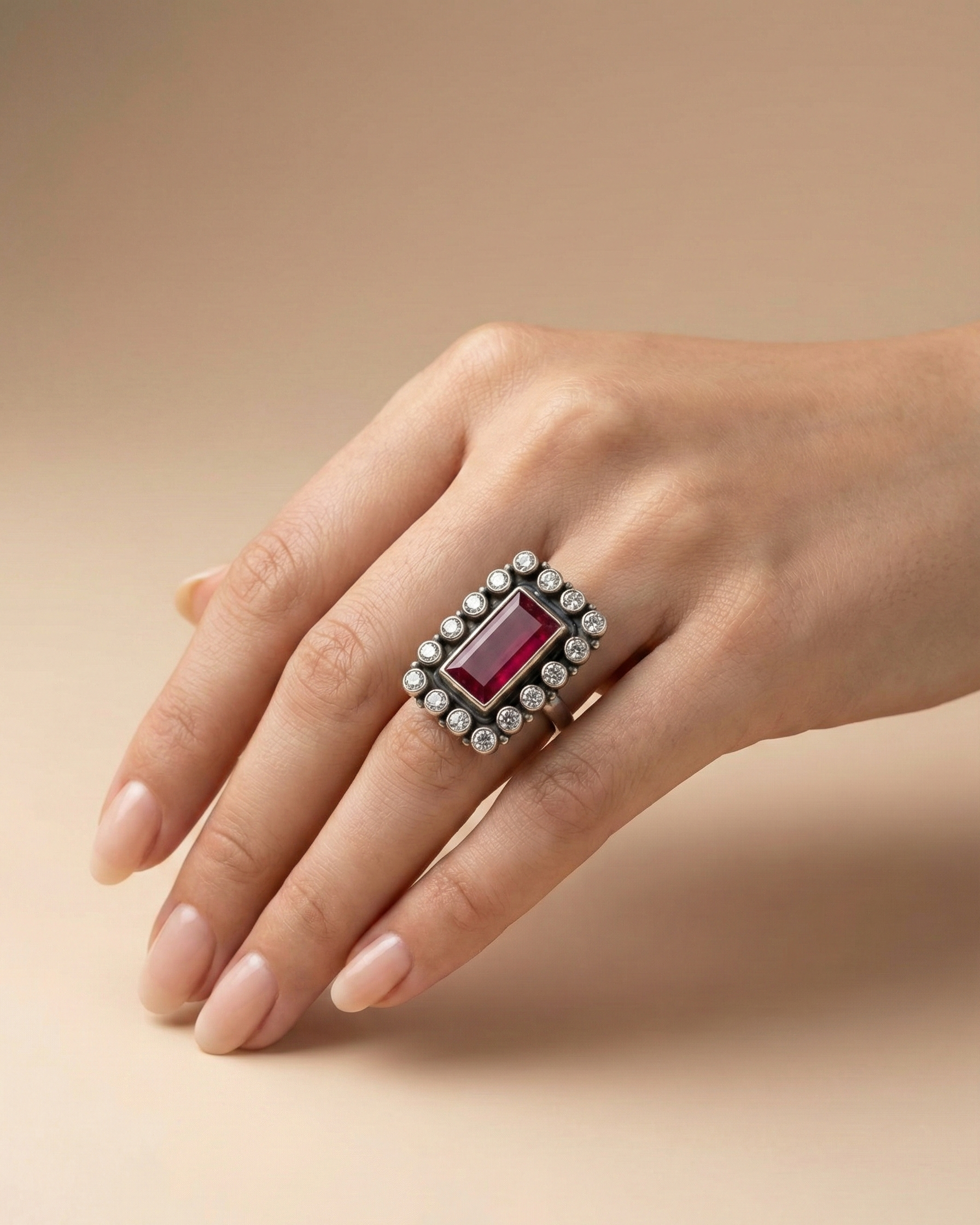 Rectangle Ruby Glass Halo Ring