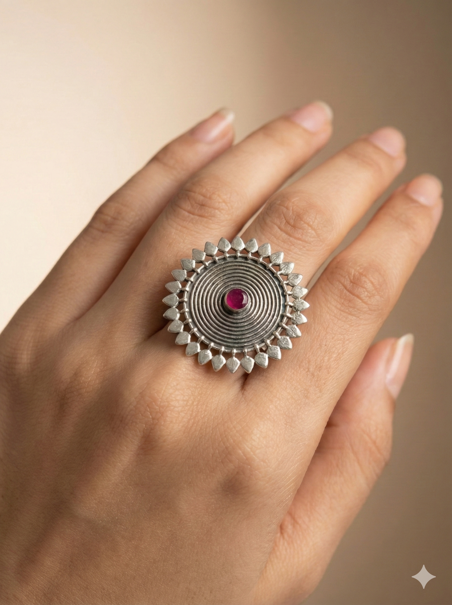 Mandala Sunburst Oxidized Silver Statement Ring