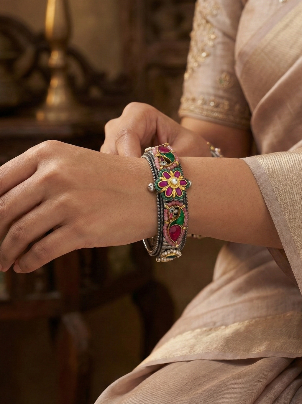 Vrinda Oxidized Silver Peacock & Floral Fusion Kada