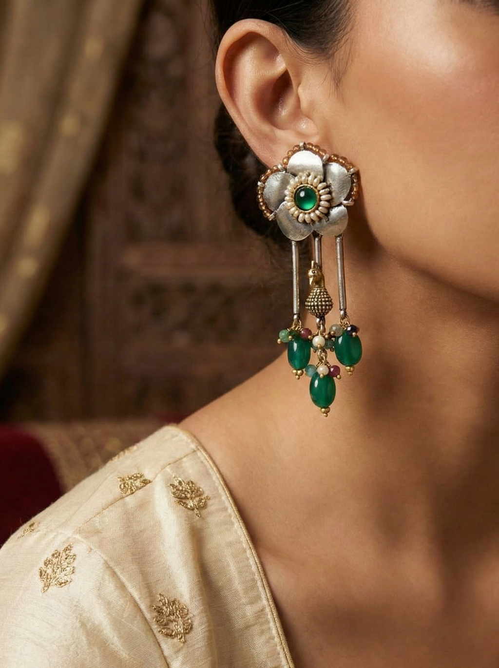 Silver Bloom & Emerald Bud Earrings