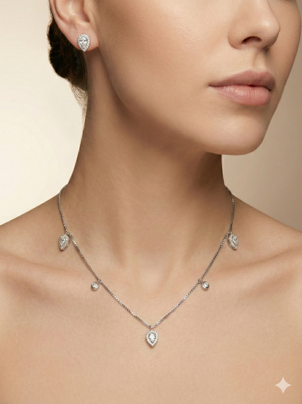 Pear-Cut Halo Droplet Station Necklace Set