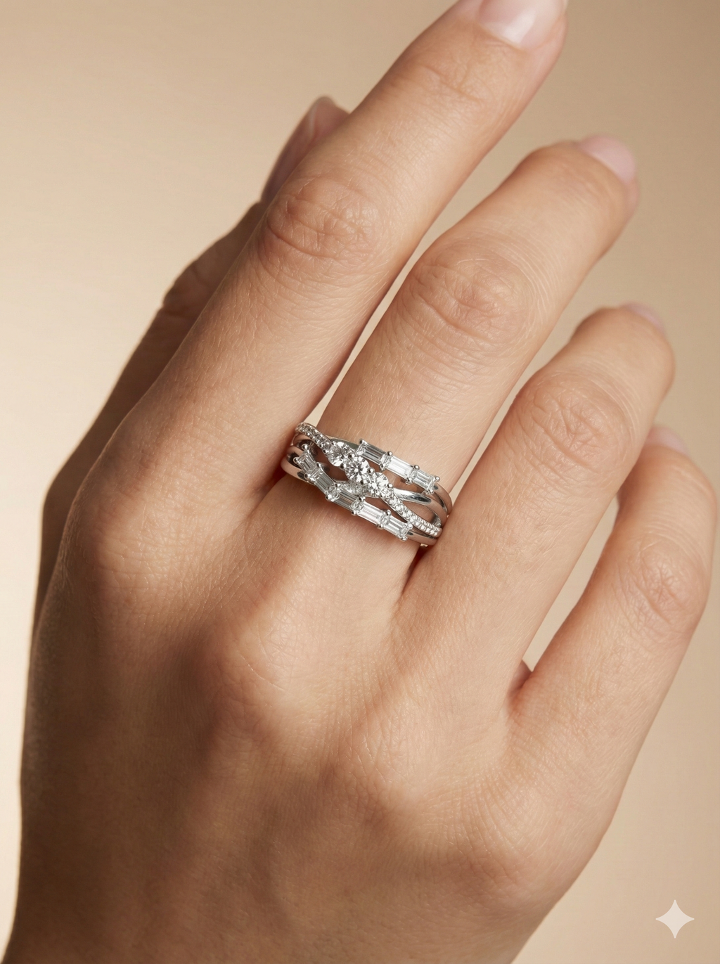 Baguette and Round-Cut Crisscross Statement Ring