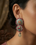 Teal Mosaic & Ruby Bead Medallion Earrings