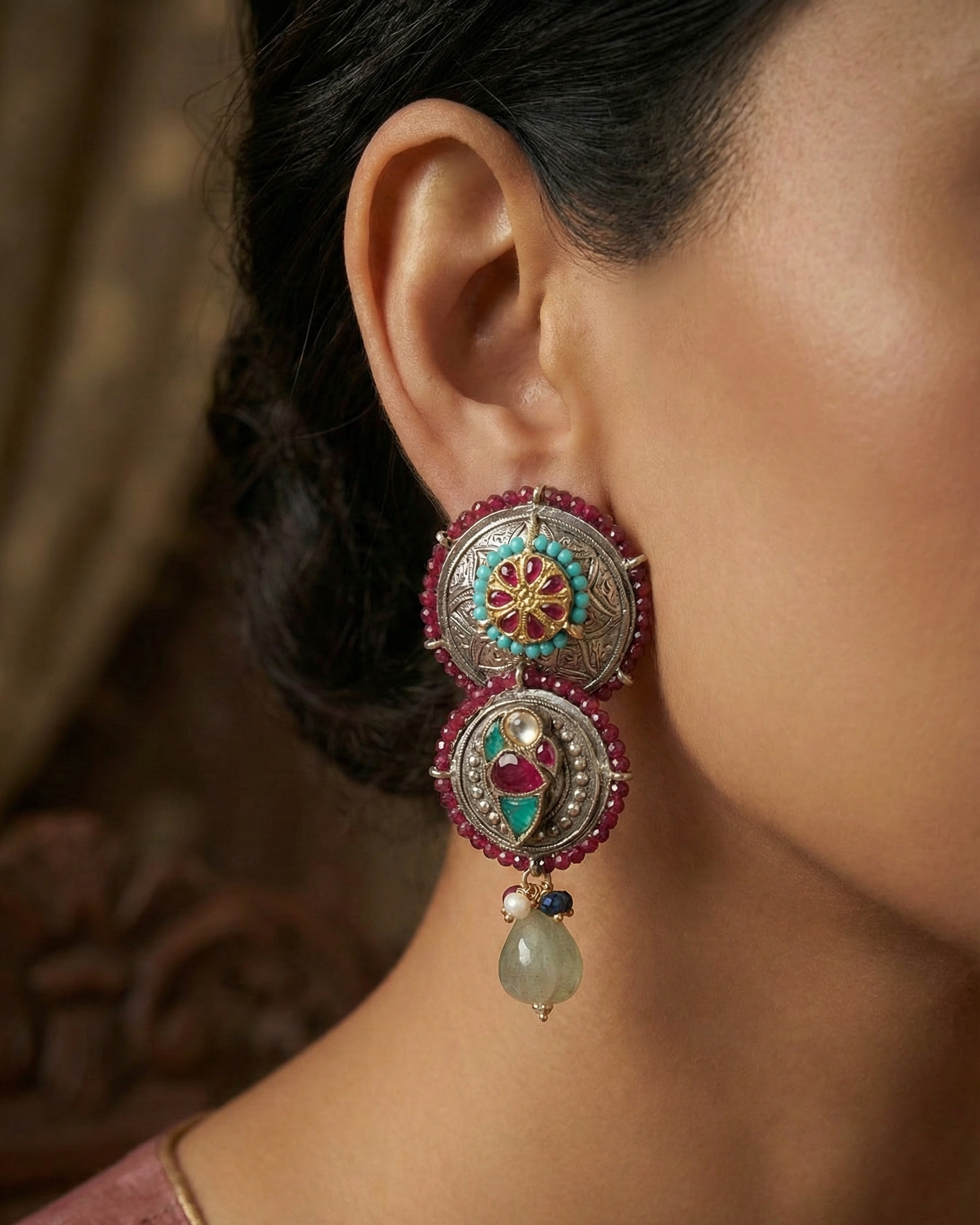 Teal Mosaic & Ruby Bead Medallion Earrings