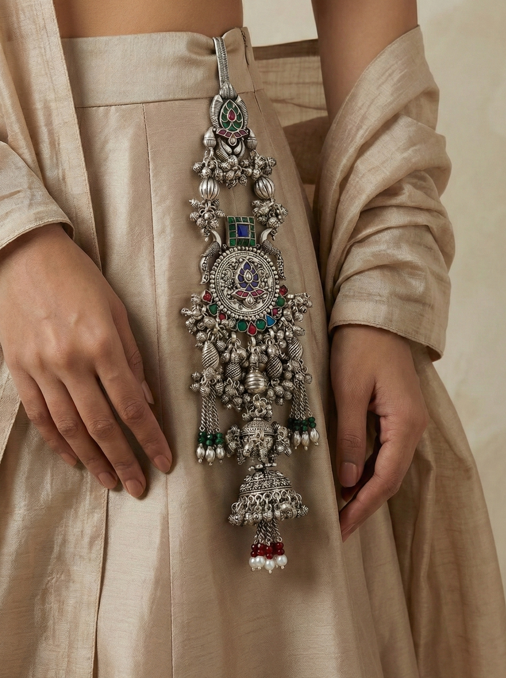 Oxidized Silver Floral & Peacock Motif Antique Juda with Colorful Accents
