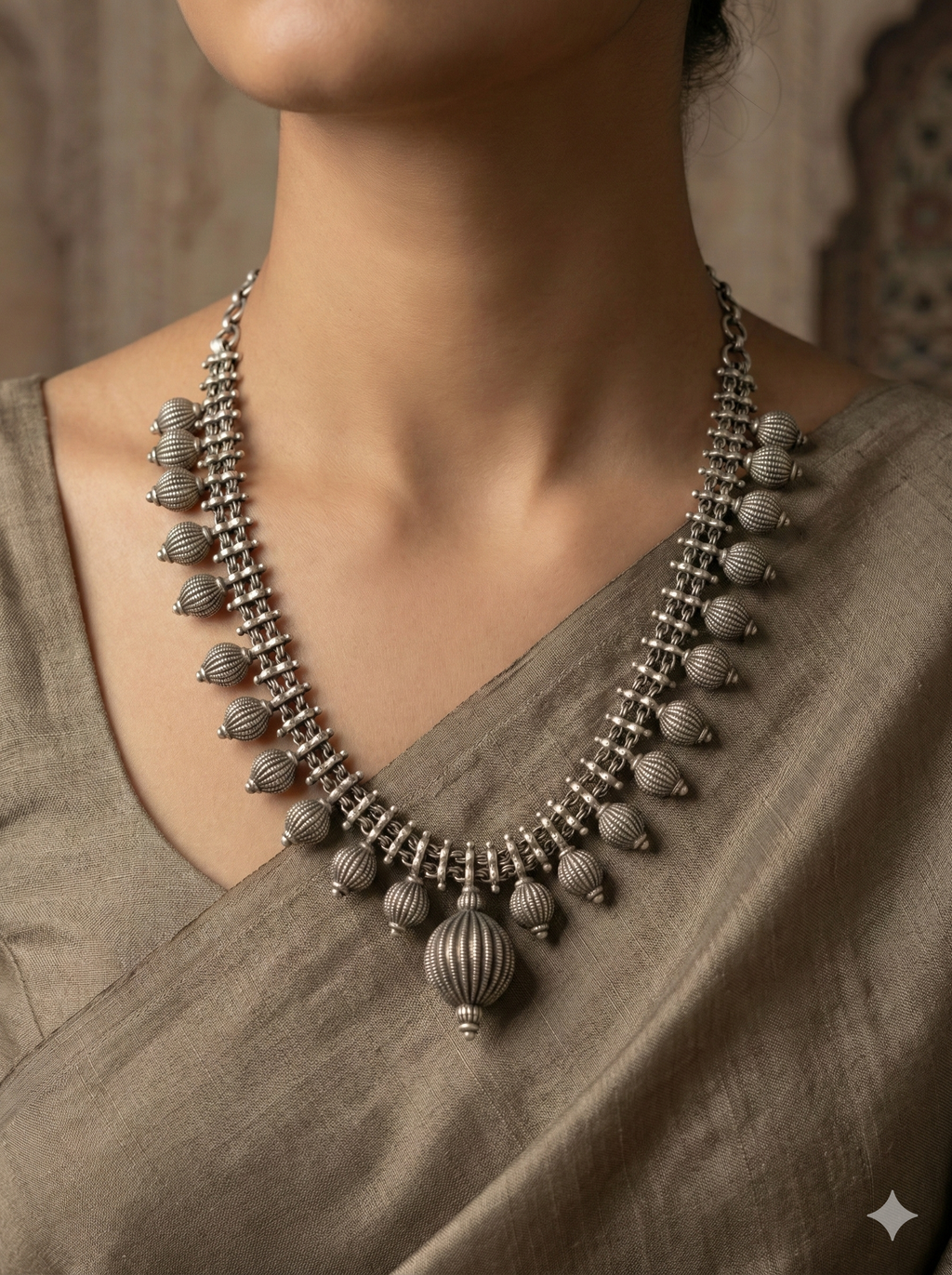 Antique Silver Ribbed Sphere Charm Necklace
