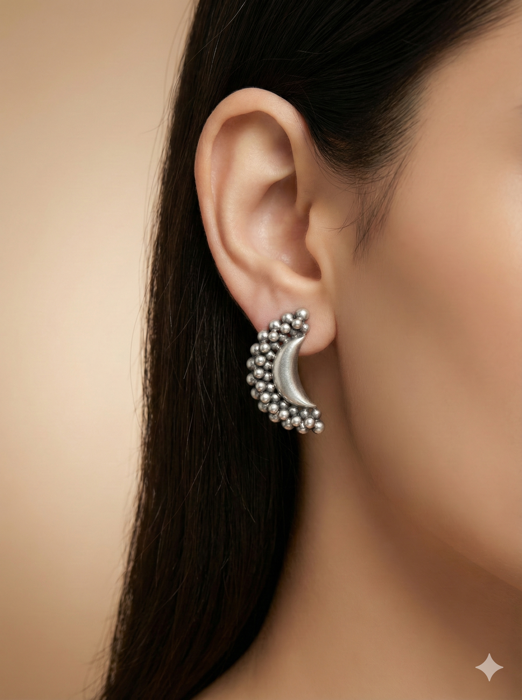 Moon and Silver Bead Stud Earrings