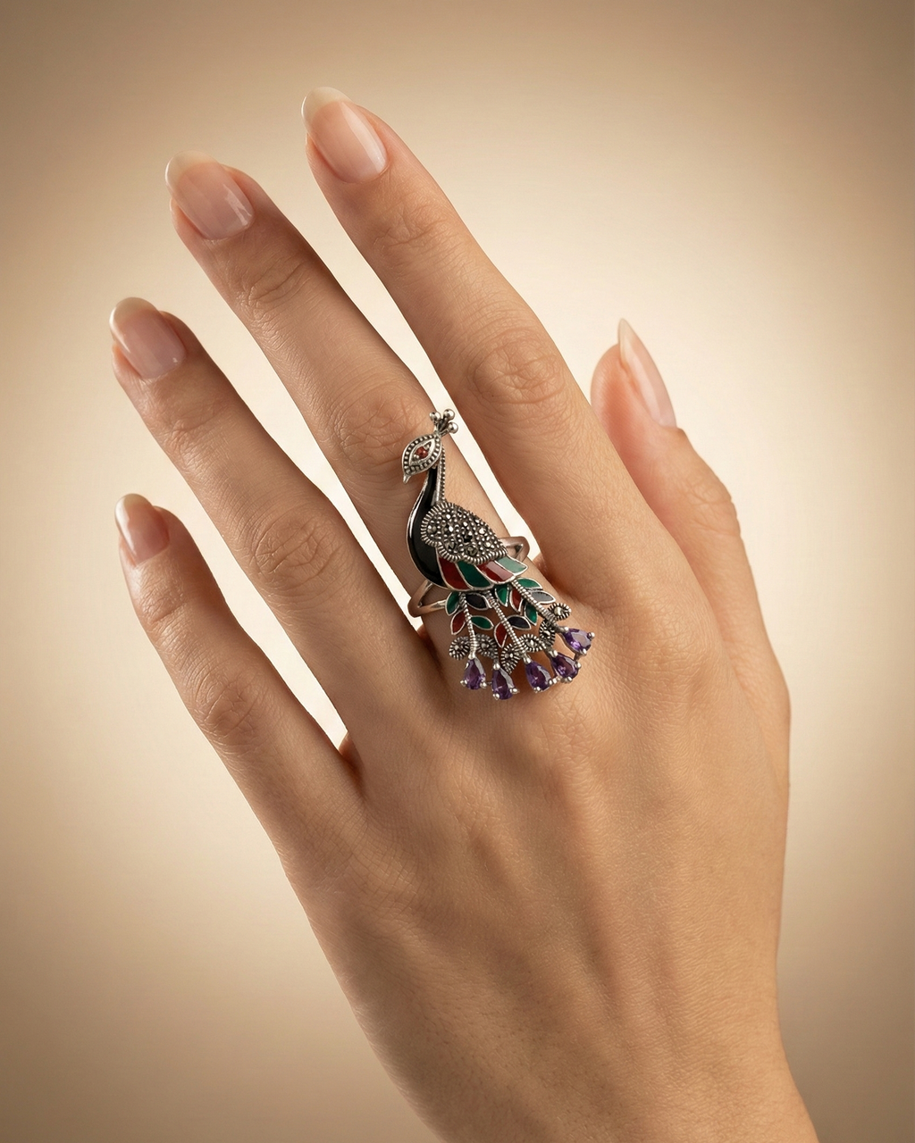 Royal Amethyst Peacock Enamel Ring