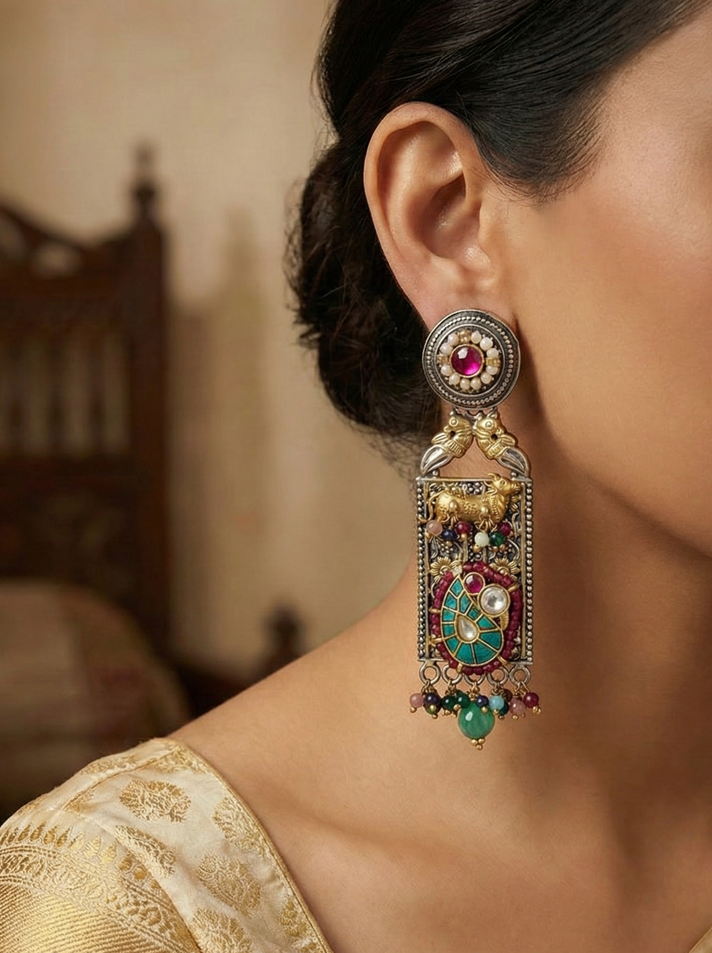 Nandi & Peacock Heritage Temple Earrings