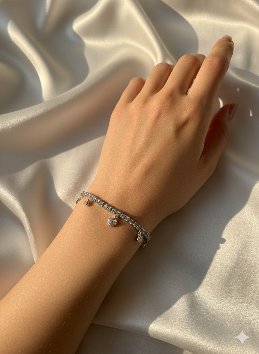 Crystal Heart Charm Tennis Bracelet