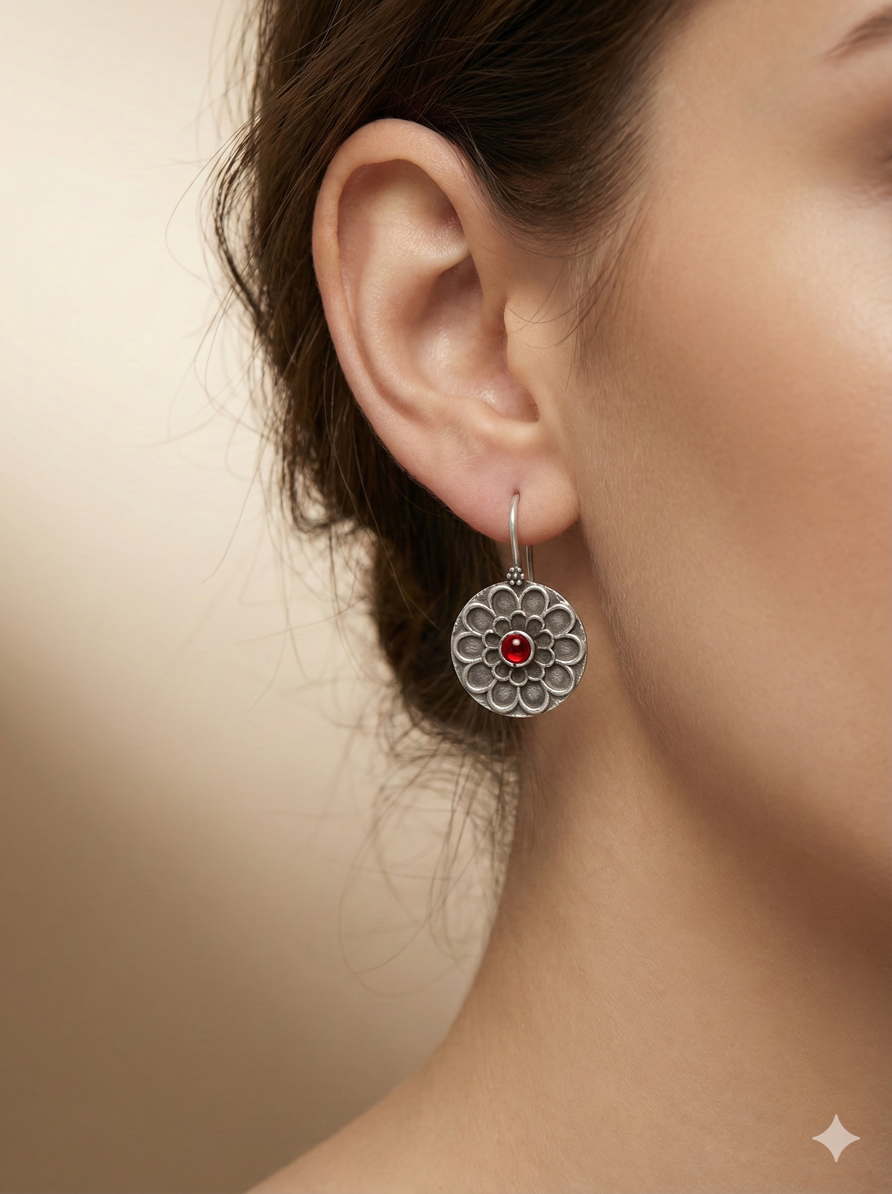Oxidized Floral Drop with Red Stone