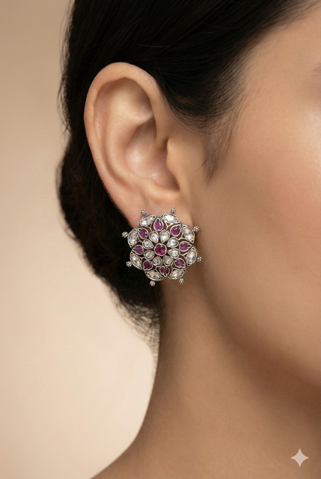 Floral Studs with Ruby & Crystal Stones