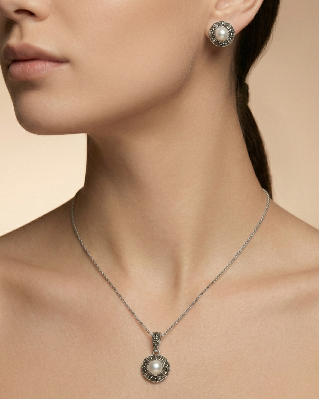 Antique-Style Marcasite and Pearl Pendant Set