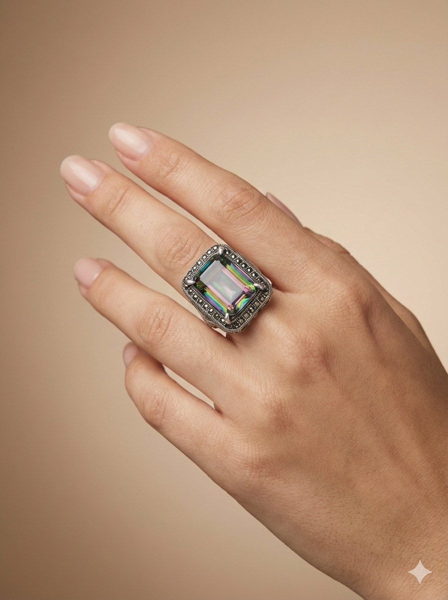 Emerald-Cut Mystic Topaz & Marcasite Halo Silver Ring