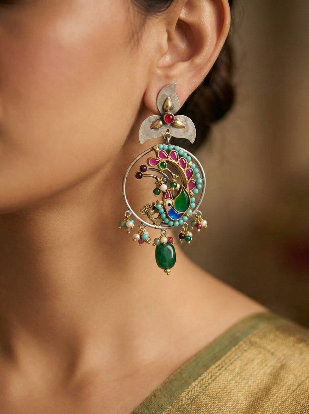 Circular Peacock Enamel Danglers