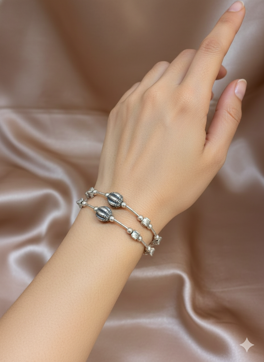 Oxidized Silver Double-Strand Bracelet with Etched Beads