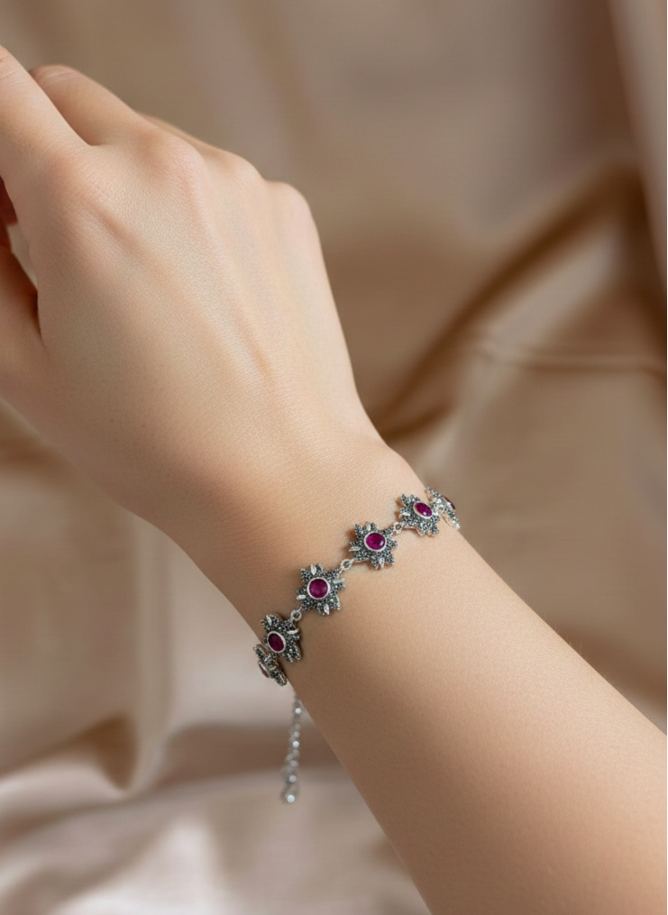 Radiant Garnet Flower Chain Bracelet