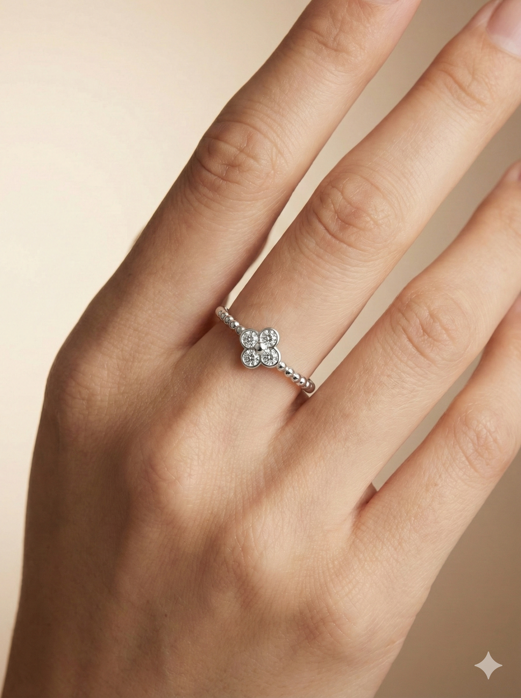Dainty Silver Clover Beaded Ring