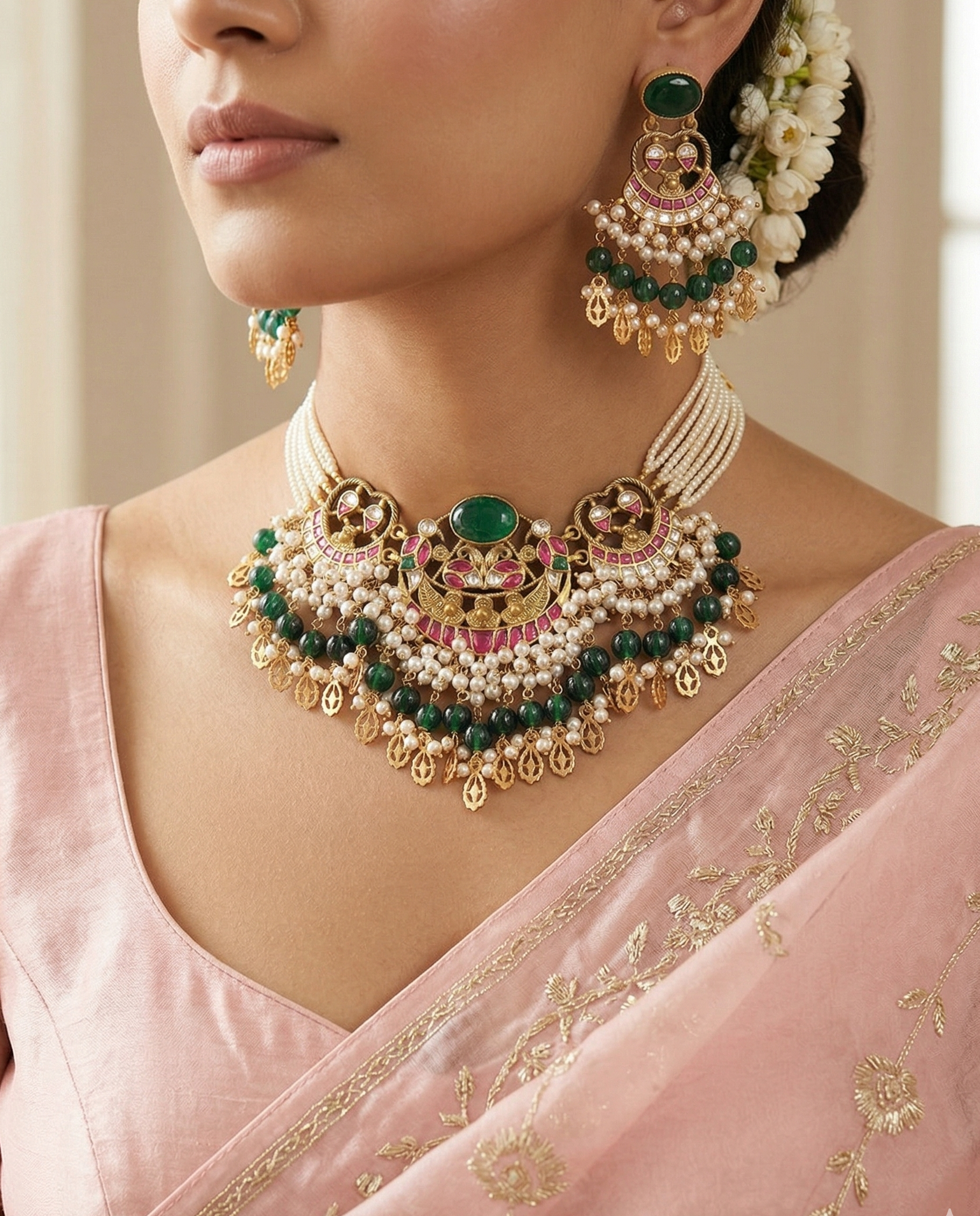 Empress Crescent Jadau Choker with Emerald Droplets