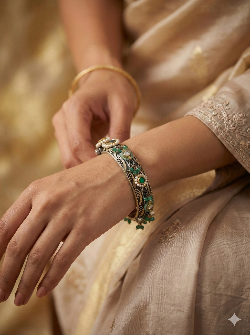 Mayura Emerald Green & Pearl Filigree Fusion Kada