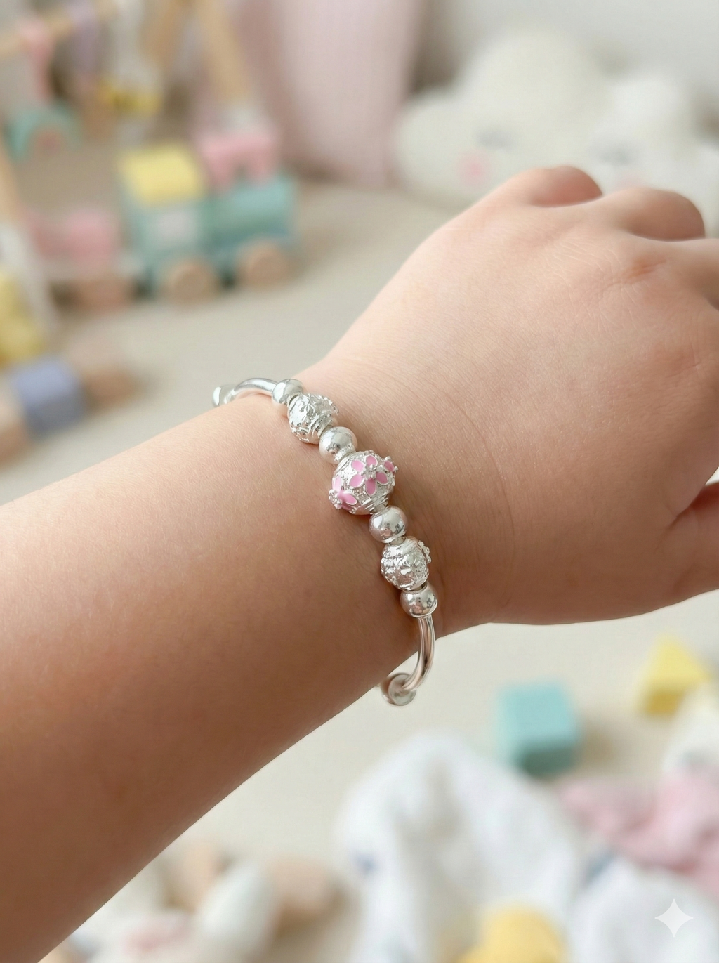 Pink Blossom Beaded Silver Kadli Set