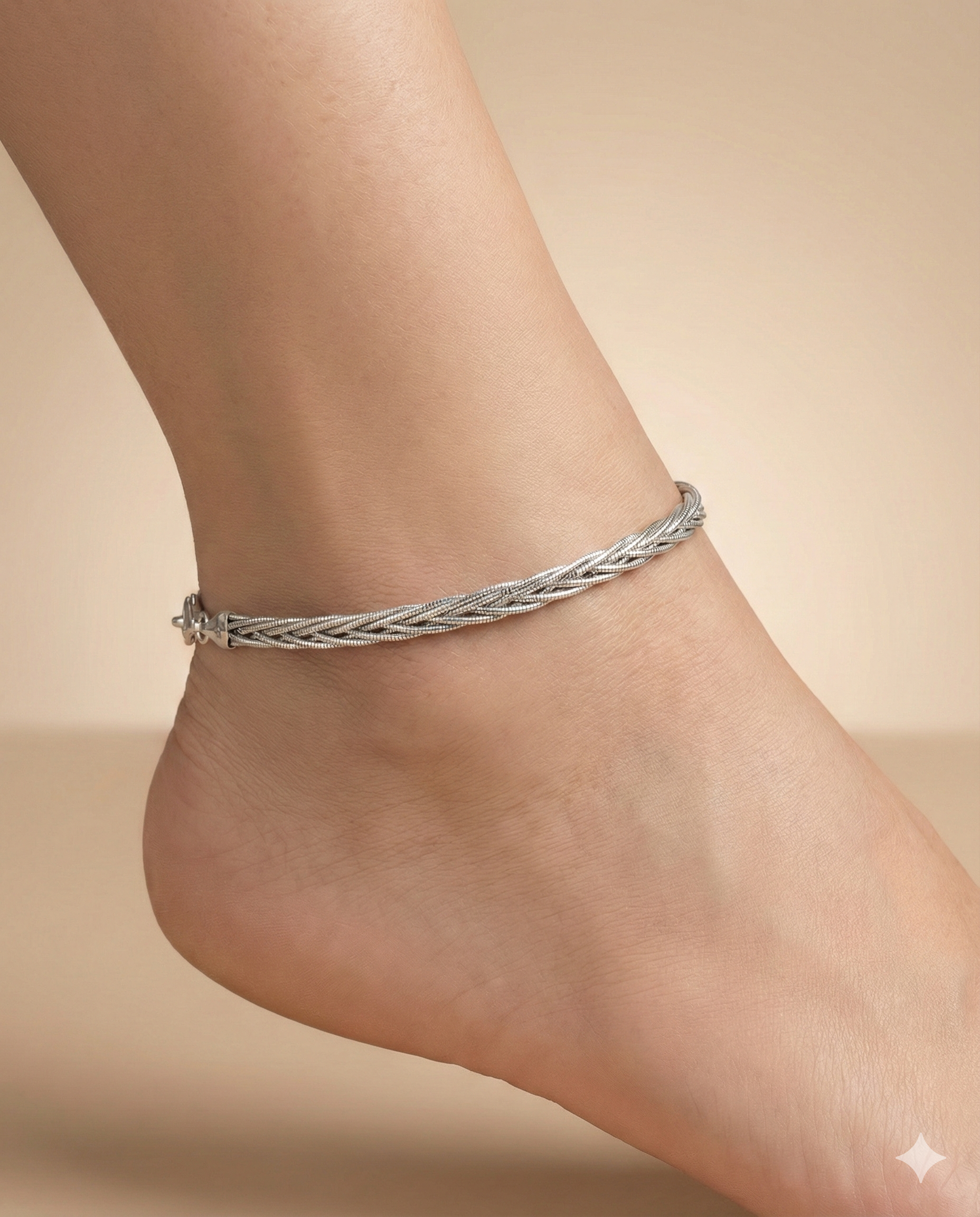 Intricate Braided Silver Herringbone Anklet