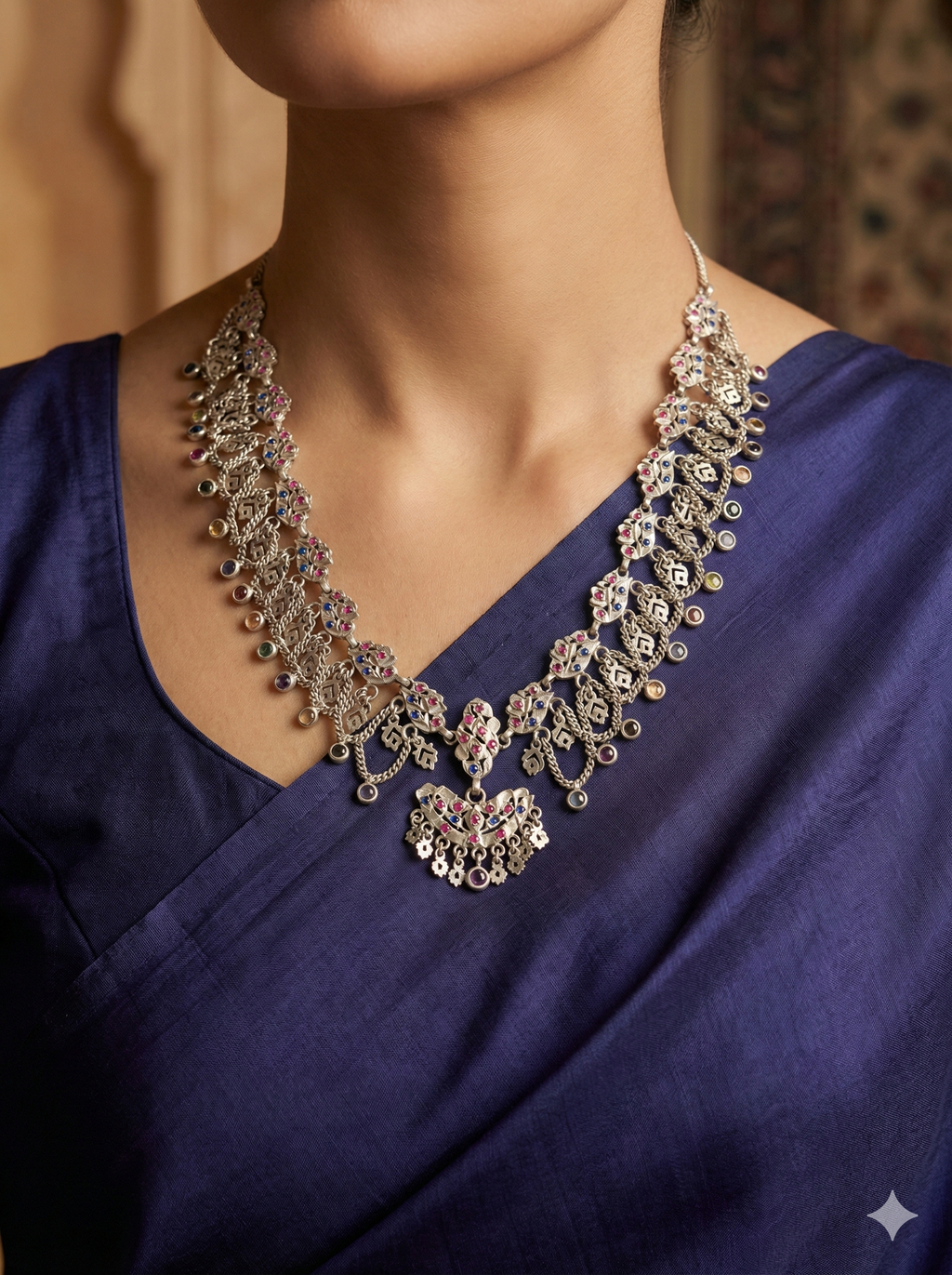 Intricate Silver Floral Necklace with Multicolored Accents