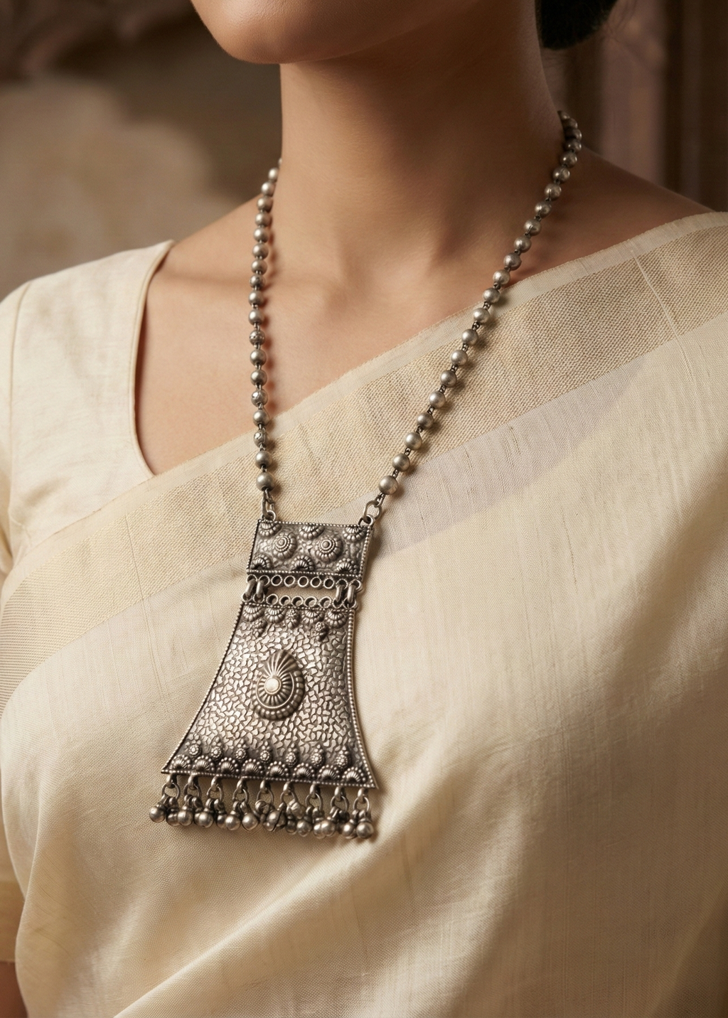 Antique Silver Textured Long Pendant Necklace