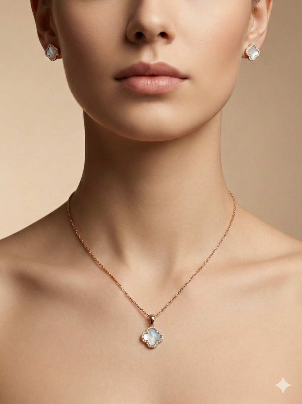 Rose Gold Clover Mother of Pearl & Zirconia Pendant Set
