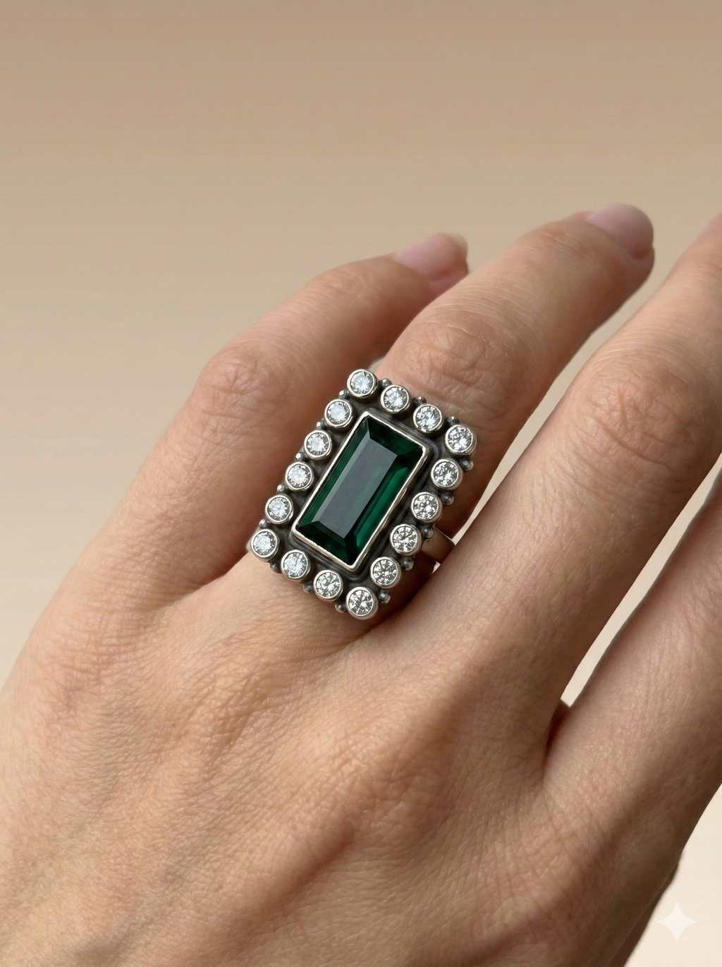 Rectangle Emerald Glass Halo Ring