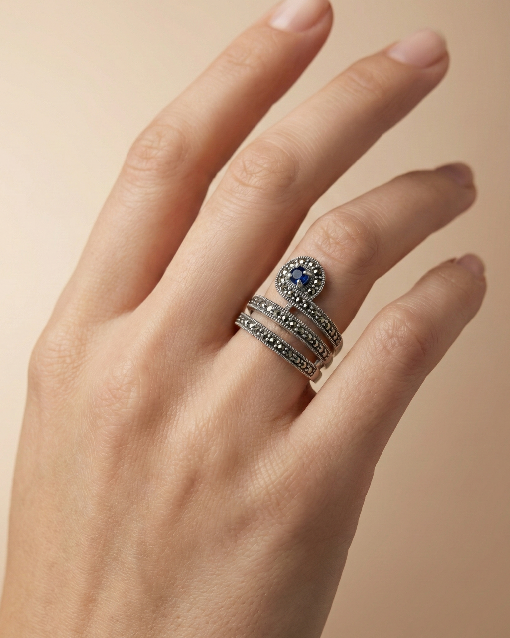 Sapphire Blue Marcasite Wrap Ring
