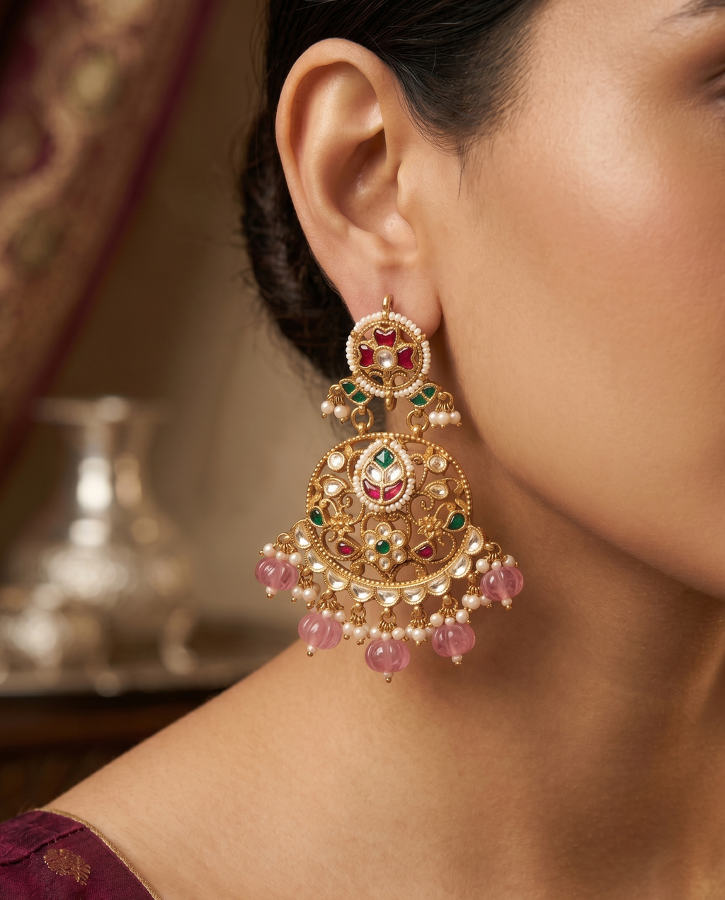 Kundan Canvas Rose-Drop Silver Earrings