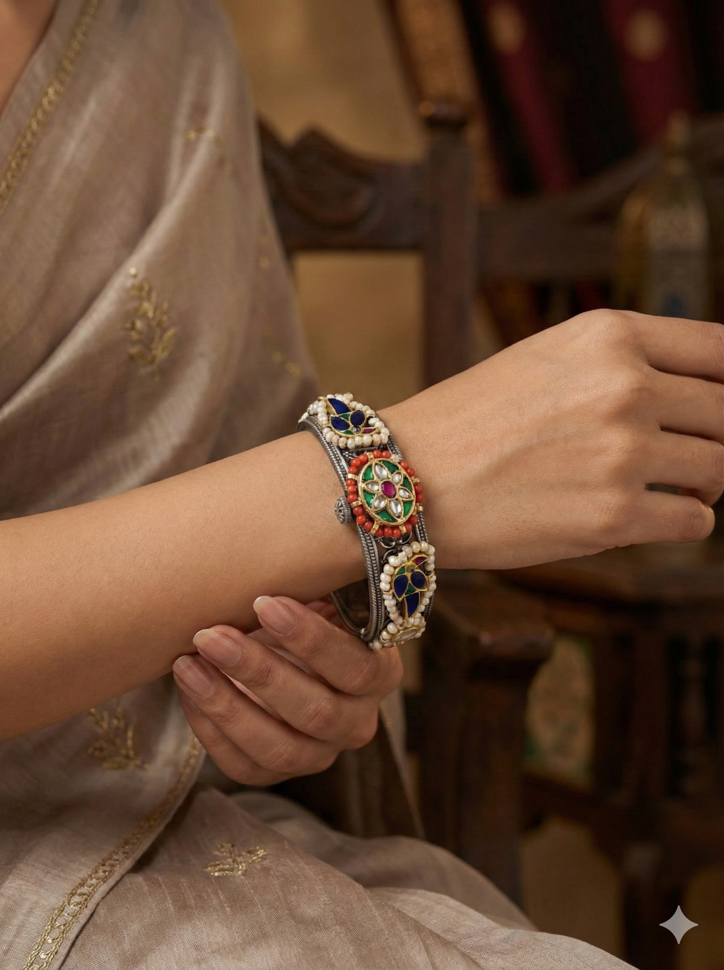 Floral Enamel & Coral Border Kada