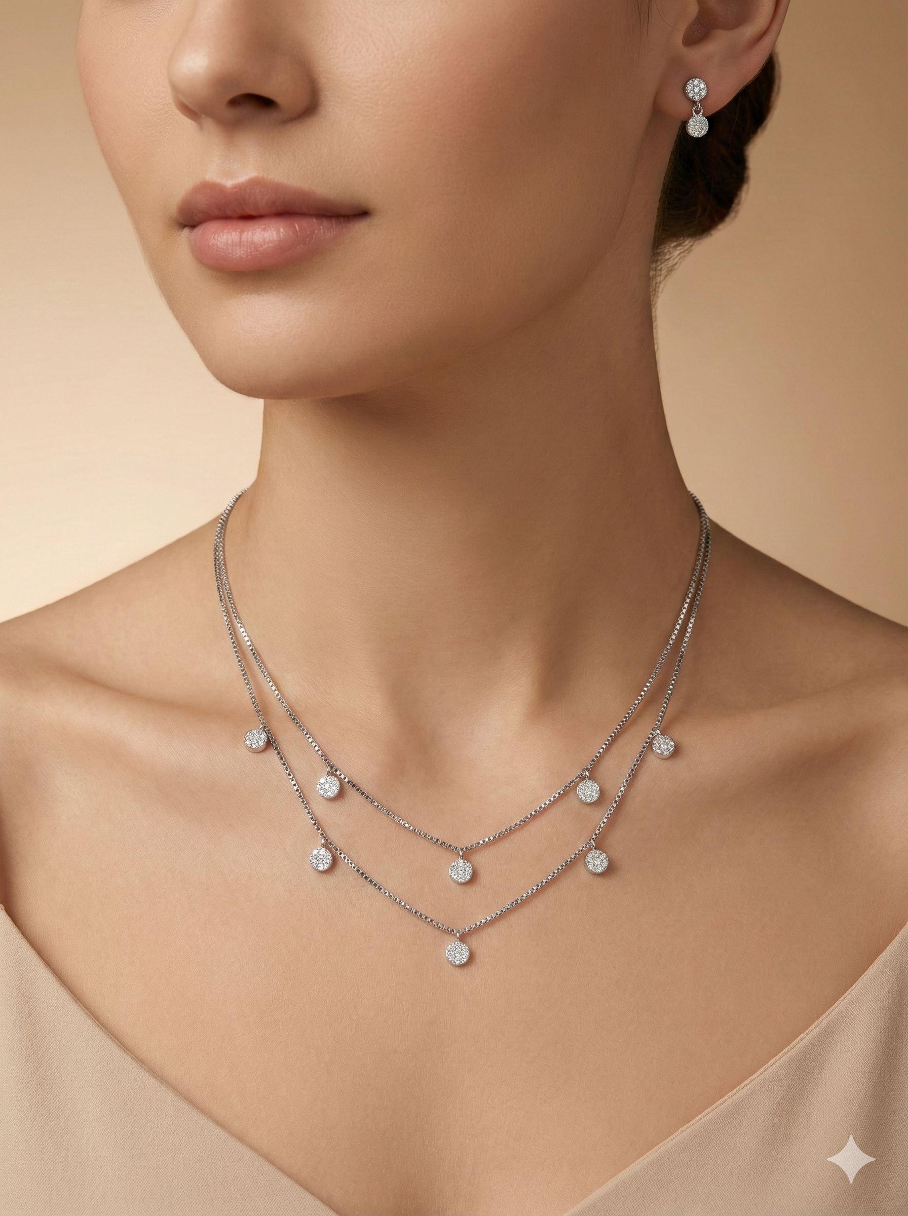 Shimmering Pavé Disc Double Layered Necklace Set