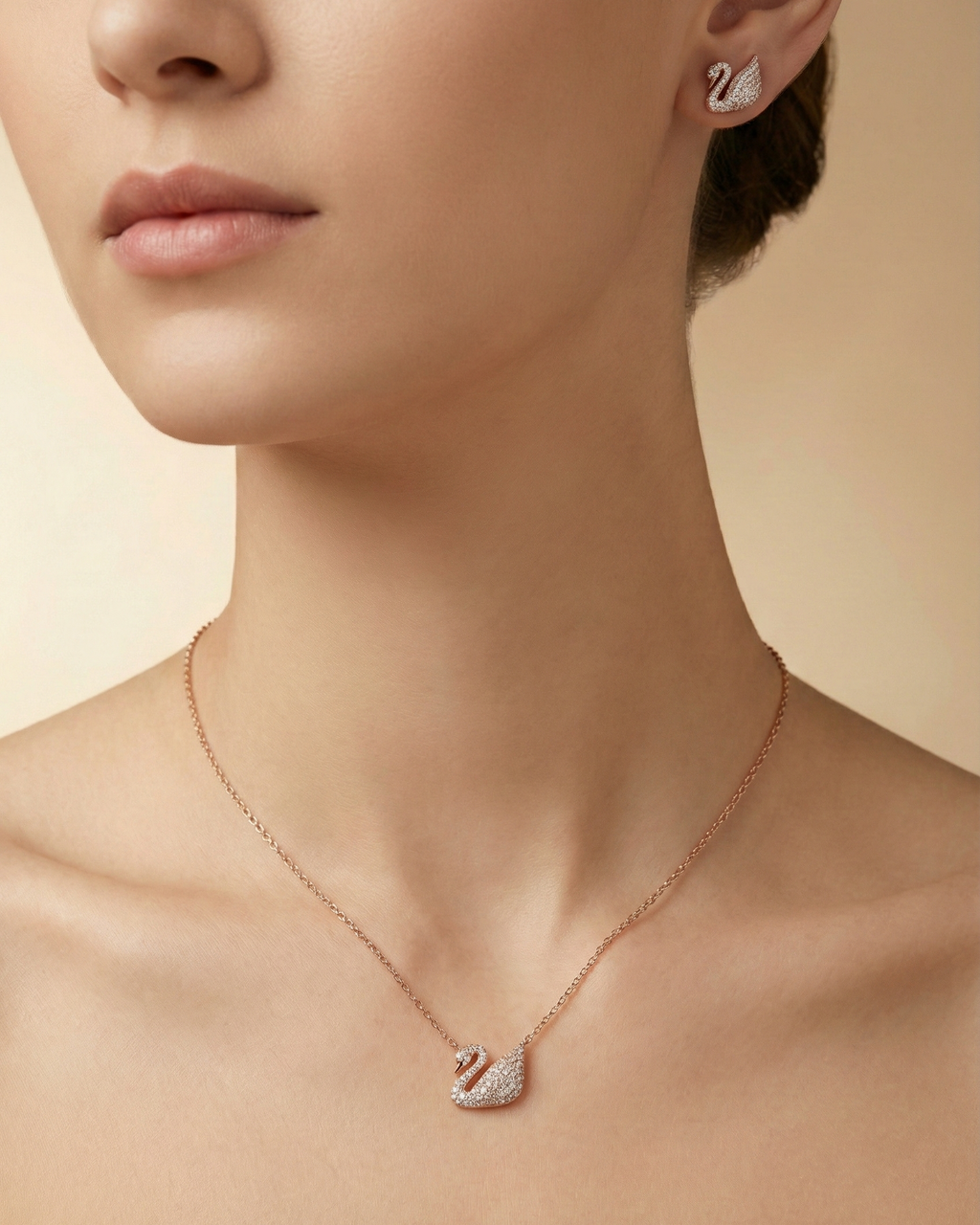 Rose Gold Encrusted Swan Pendant and Stud Earrings Set