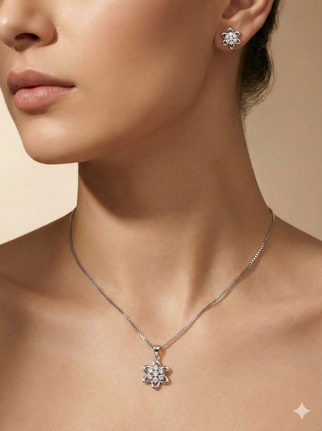 Silver-Toned Floral Crystal Pendant and Stud Earrings Set